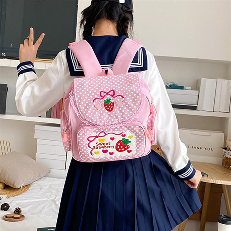 School Bags Backpack Kids Cute Soft Girl Sweet Lovely Embroidered Fruit Strawberry Lace Backpack Girl Student Schoolbag