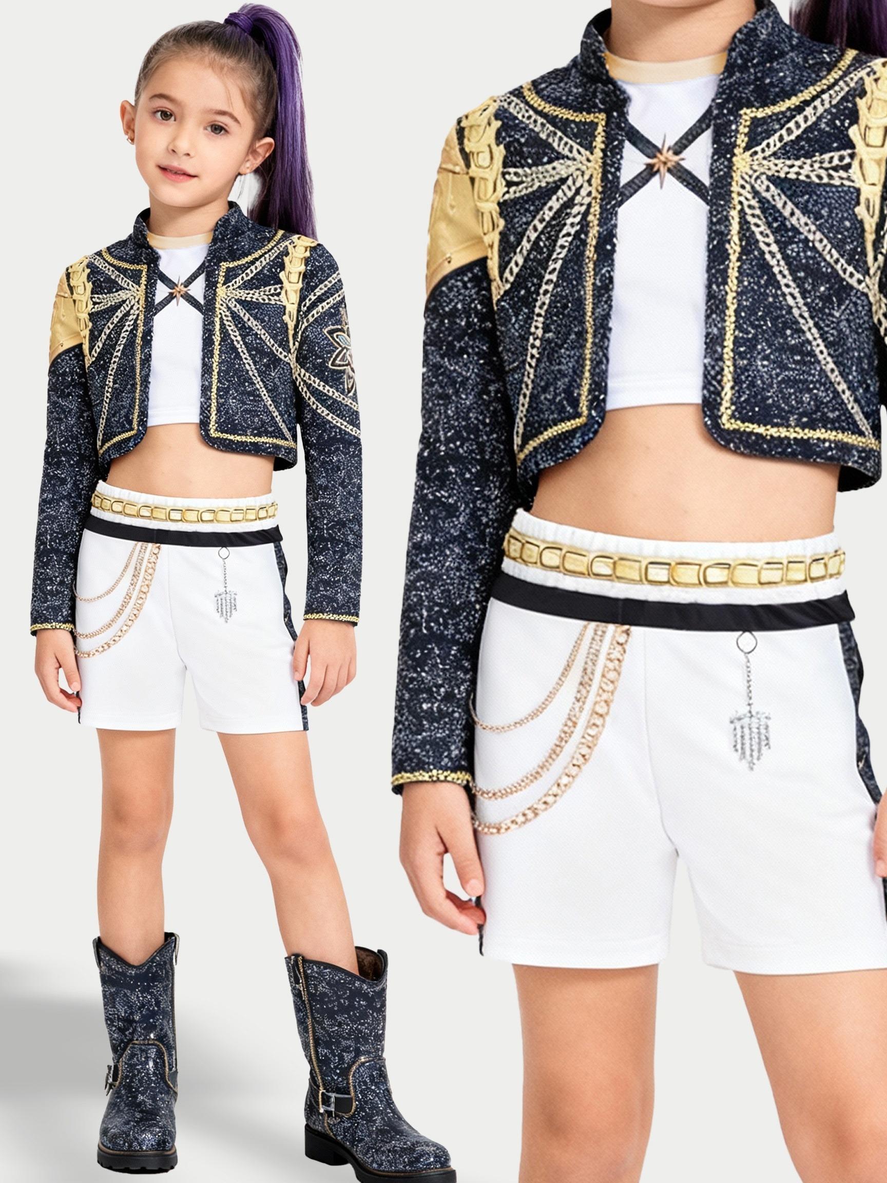Trendy Meisjes 3-delig Outfit met Glitters en Gouden Rand: Jasje & Short met Kettingdetails voor Cheer- en Dansoptredens 3-4Y