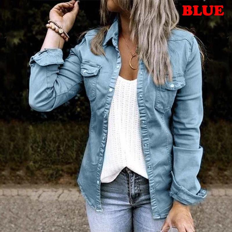 Autumn Women's Denim Jacket Slim Tooling Button Pocket Lapel Jacket Long Sleeve Jeans Jacket