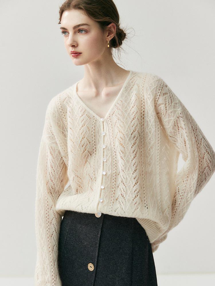 Women's Cashmere Knit V-Neck Cardigan: Autumn/Winter Hollow Out, Solid Color, Loose-Slimming, Versatile Top