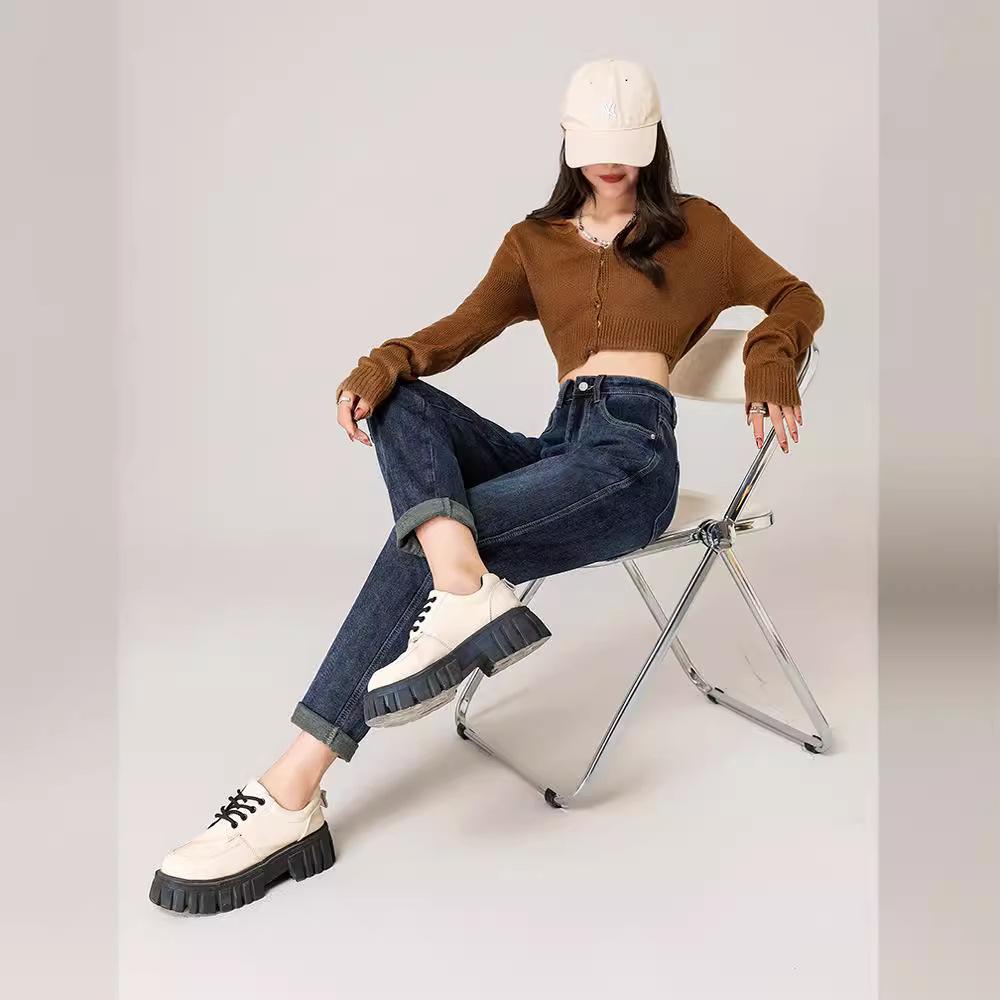 High-Waisted Fleece-Lined Stretch Harem Jeans for Women - Autumn/Winter Loose Slimming Style