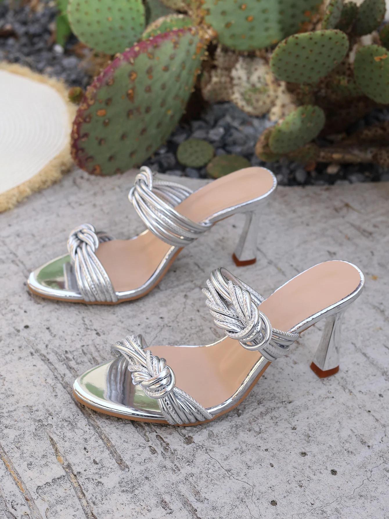 

Fashion Summer Sexy Women Shoe 2025 New European American Simple High Heel Sandals Fashion Large Slippers Casual Allmatch Shoe Sandalias 42 серебряный