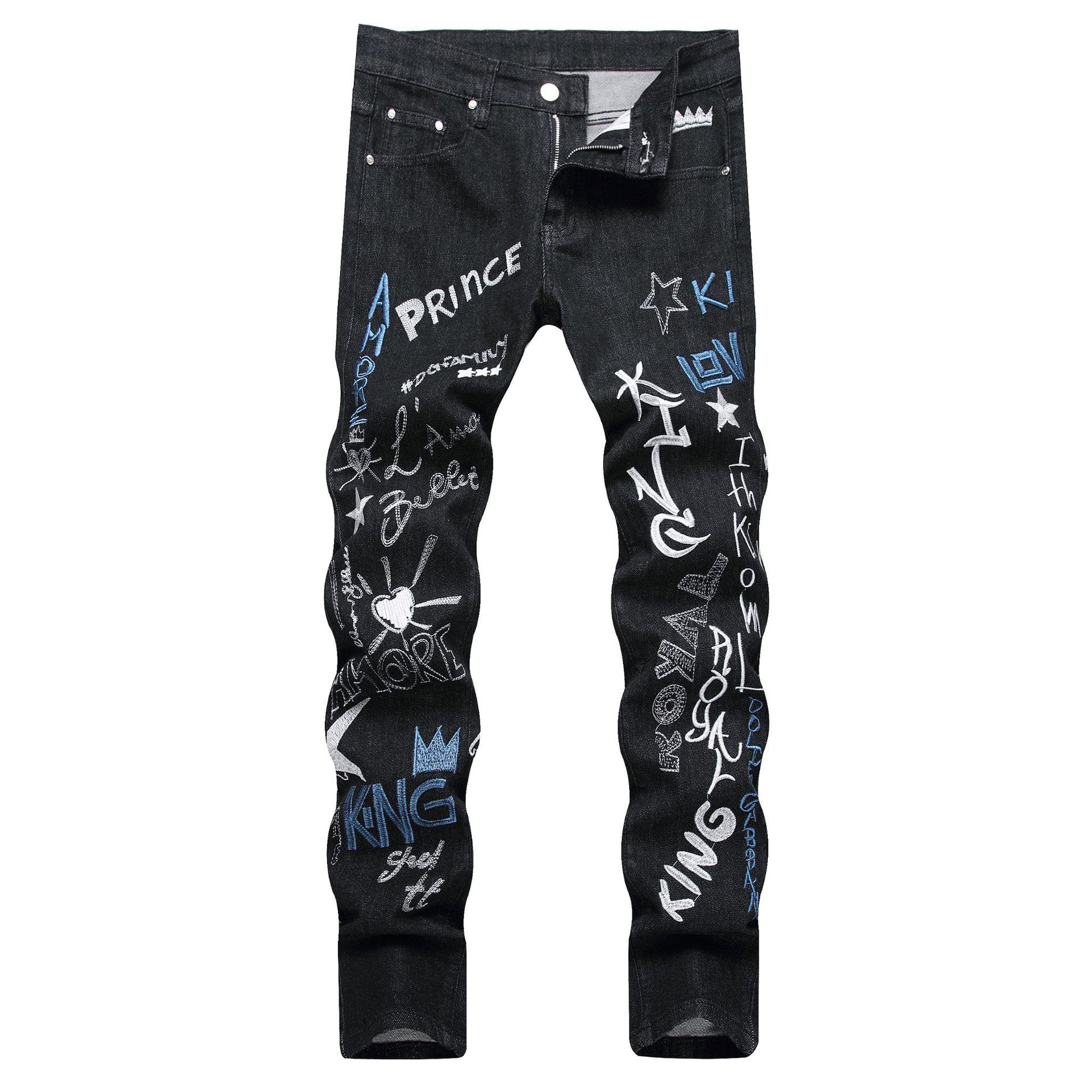 

Новые мужские джинсы New Street с вышивкой, джинсовые брюки, молодежные и модные, со средней посадкой, повседневные брюки 36 чёрный