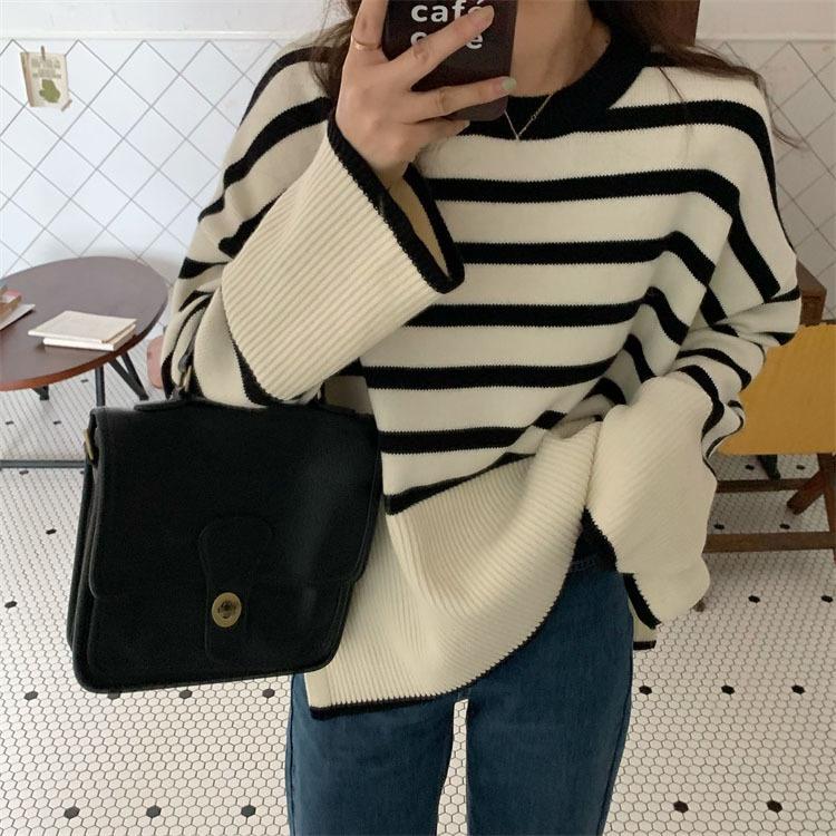 

2025 осень и зима свободные топы мода корейский женский пуловер с круглым вырезом свитер полоска сшивание вязаные свитера для женщин One Size