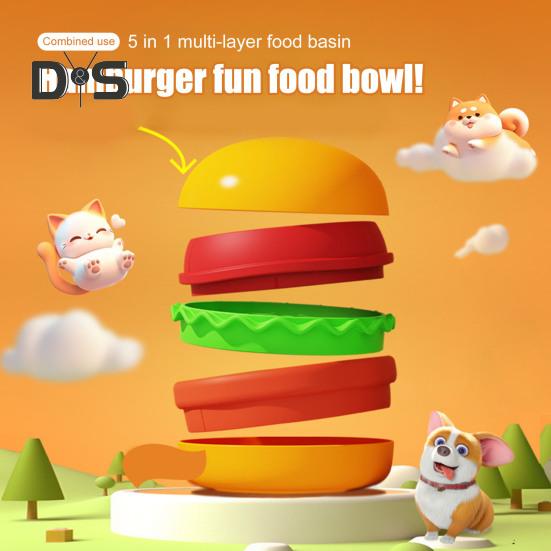 Tazón para Mascotas con Forma de Hamburguesa Juego de 5 Piezas de Tazones para Alimentar Mascotas Combinación de Vajilla Hecha a Mano para Gatos y Perros