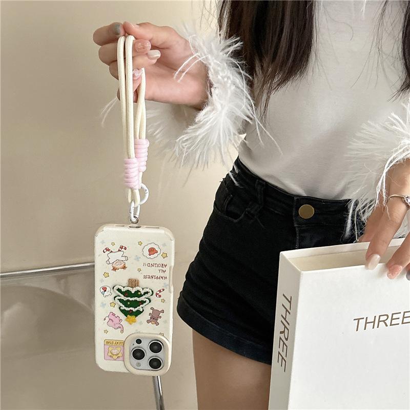 Kreslená ilustrace vyšívaný vánoční stromeček vhodný pro pouzdro na mobilní telefon Apple 16promax 15plus podzim a zima 14/13