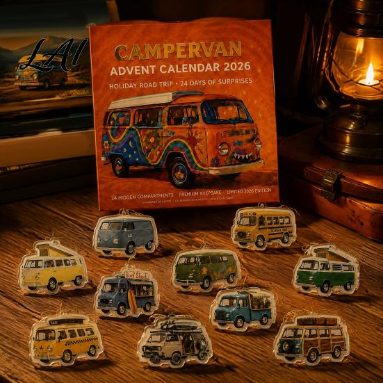 Holiday Home Decorations 24-Day Camping Van Advent Calendar Retro Acrylic Hanging Ornament Set with RV Countdown 24 Unique Designs Christmas
