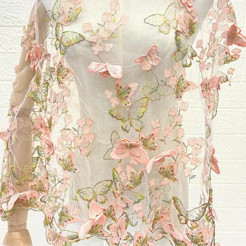 3D Butterfly Floral Embroidery Fabric Lace Mesh Voile Clothes Dress Material Suit DIY Fabric Sewing Craft Clothing Supplies