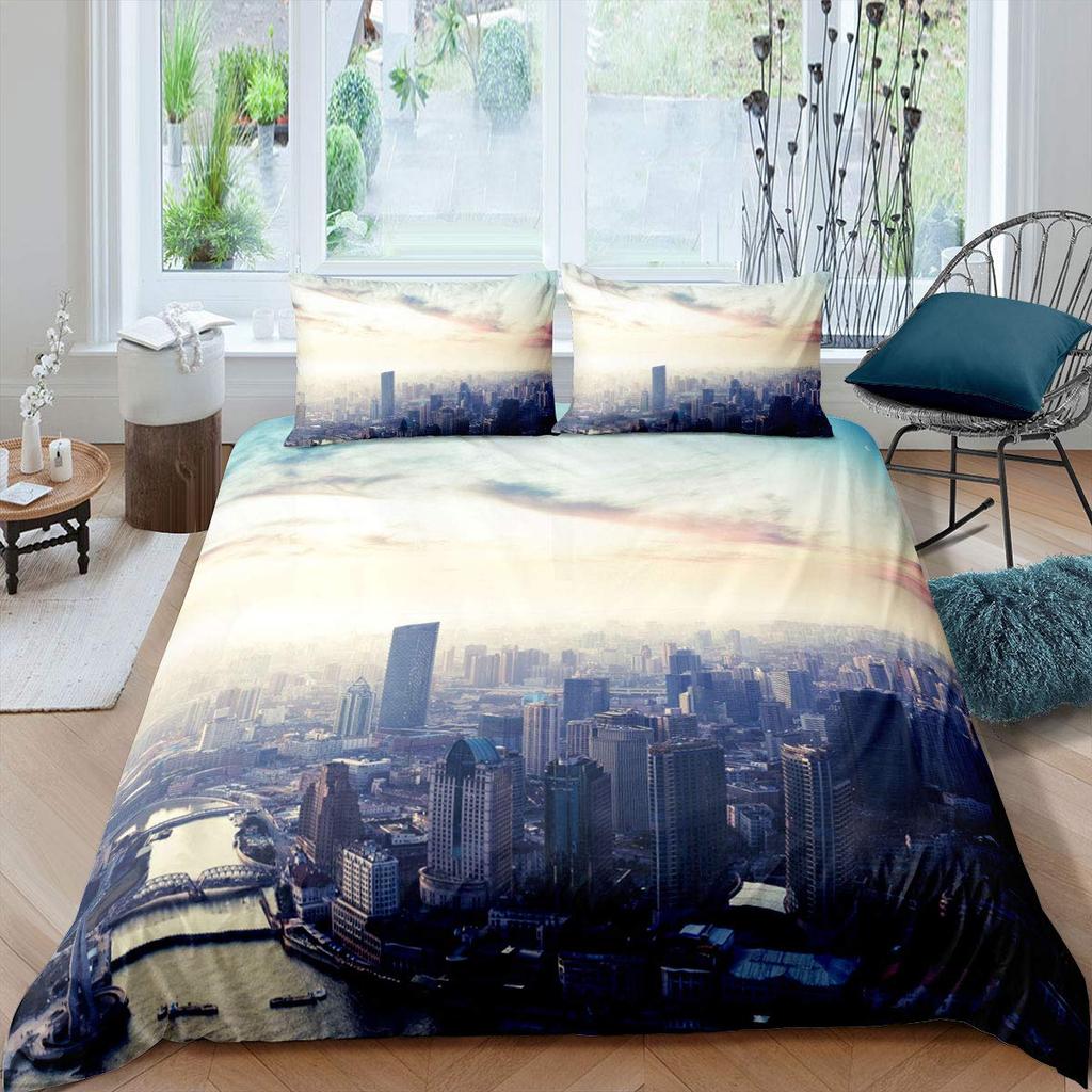 Cityscape Duvet Cover Set New York City Night View Quilt Cover For Boys Adults Microfiber Building Bedding Set 2/3Pcs King Size