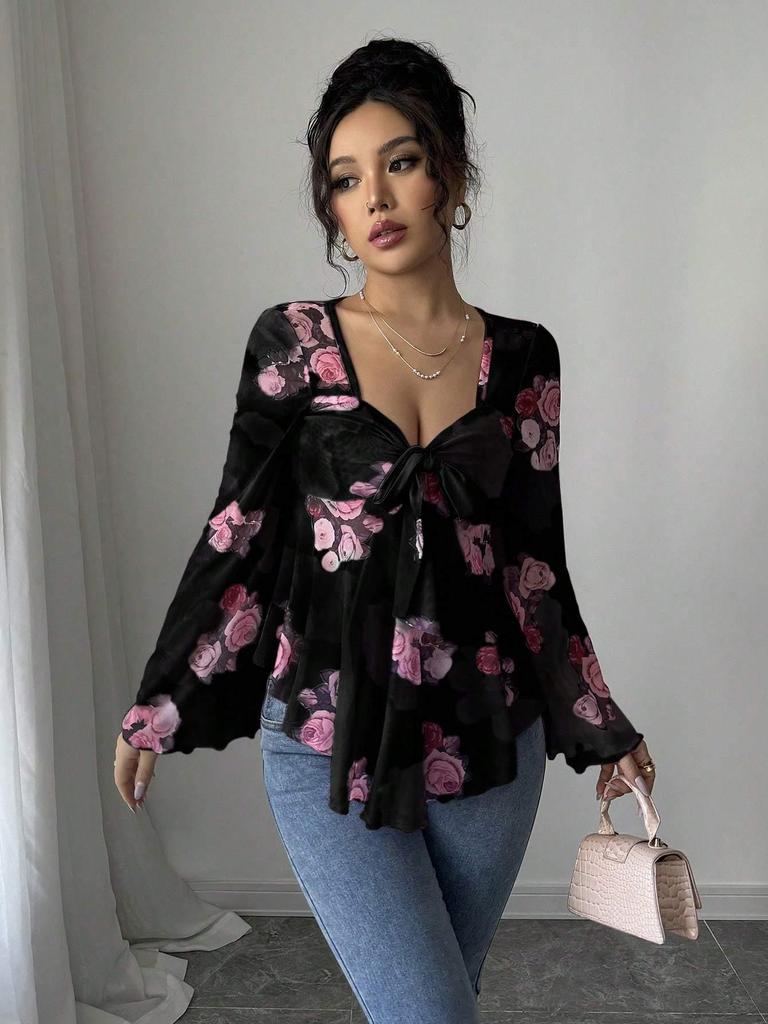 French Floral Asymmetrical Hem Mesh Shirt - Elegant, Sexy, Casual Vacation Top