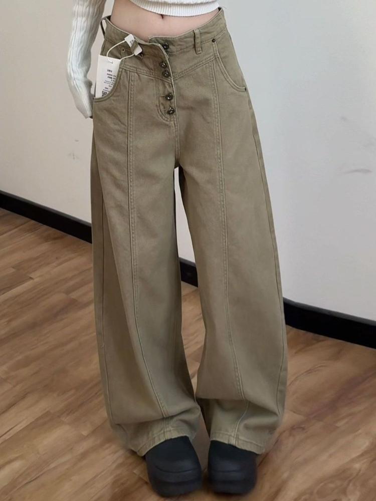 Khaki Pants Female Design Sense American Wide-leg Overalls Plus Size Slim Machete Jeans Spring