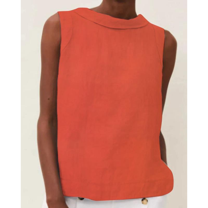Cotton Linen Solid Color Round Neck Short Blouses & Shirts Casual Solid Color Sleeveless Top