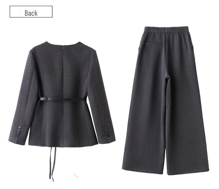 Women's Wool Suit Set: 2026 Spring Collection - Fashionable Temperament Casual Jacket & Wide-Leg Pants with Belt
