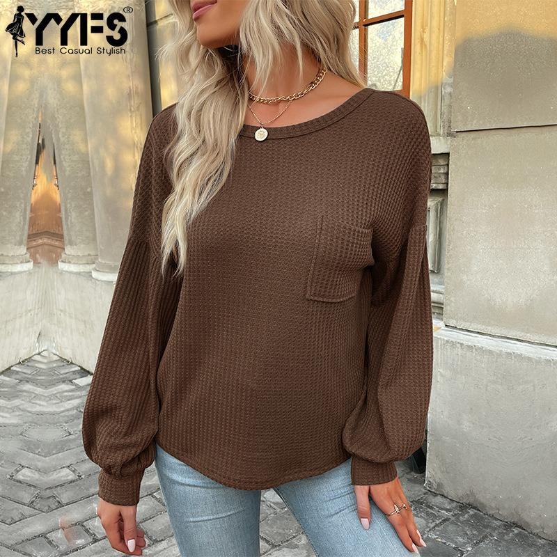 YYFS אופנת נשים קז'ואל אביב סתיו הדפס צבע אחיד עם שרוולים ארוכים חולצות וחולצות O-צווארון