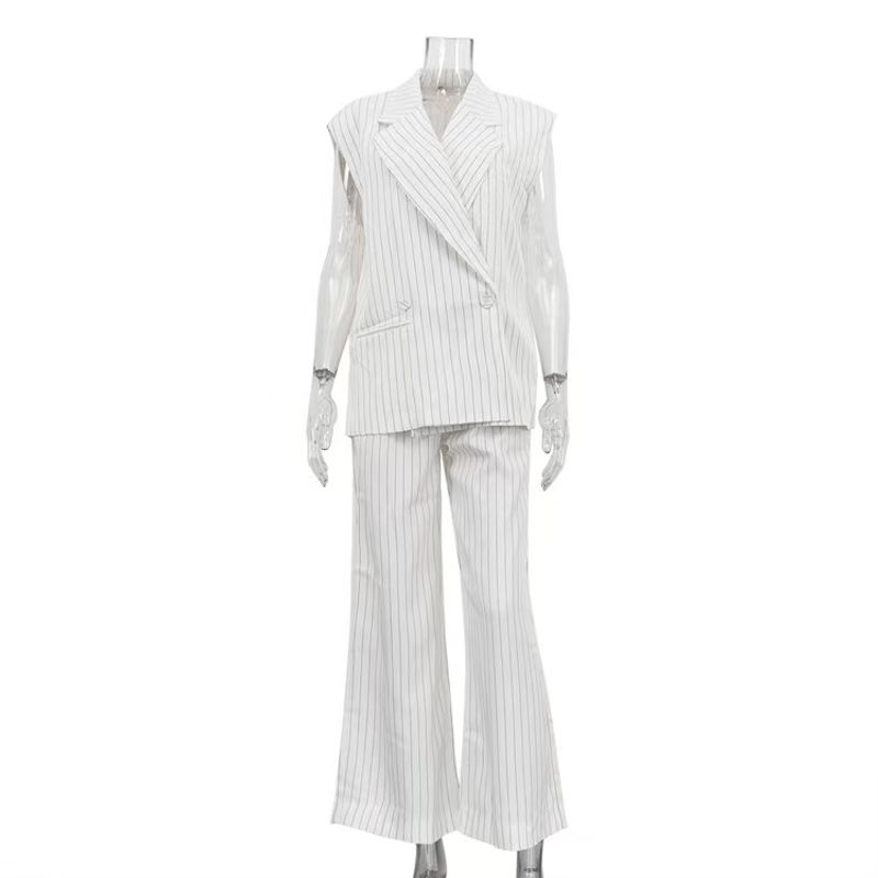 

Western Style New Stripe Lapel Sleeveless Top Wide Leg Pants Two-piece Set Striped Vest Pants Set White L
