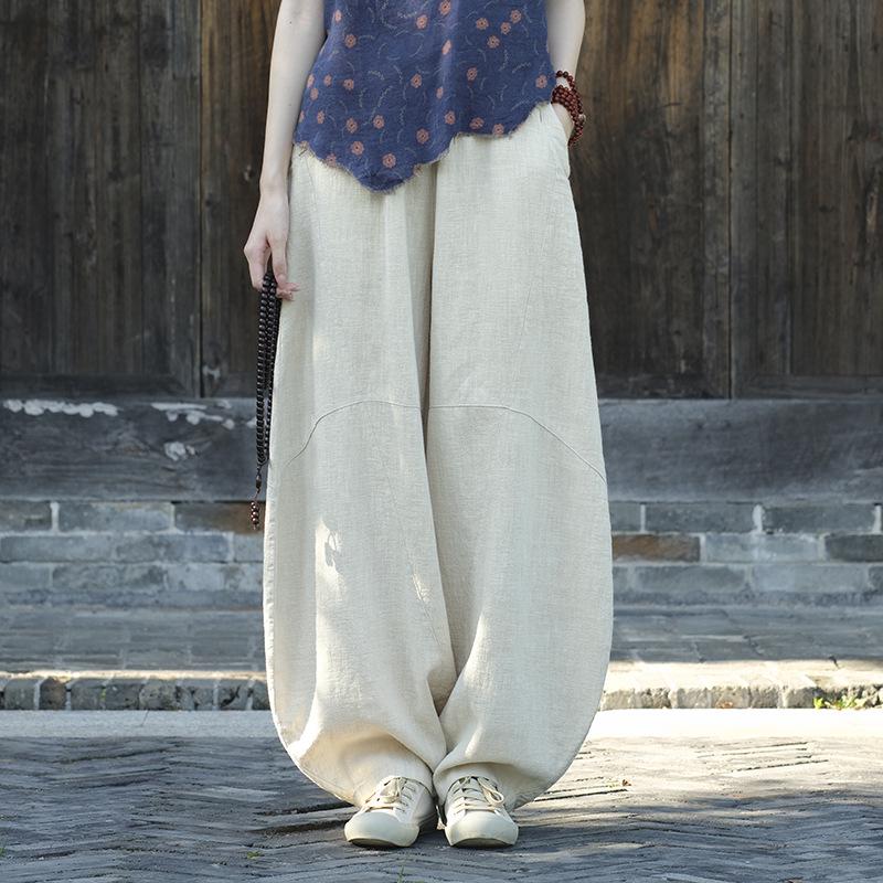 Women's Retro Ramie Sand-Washed Distressed Loose Lantern Pants for Meditation and Tai Chi