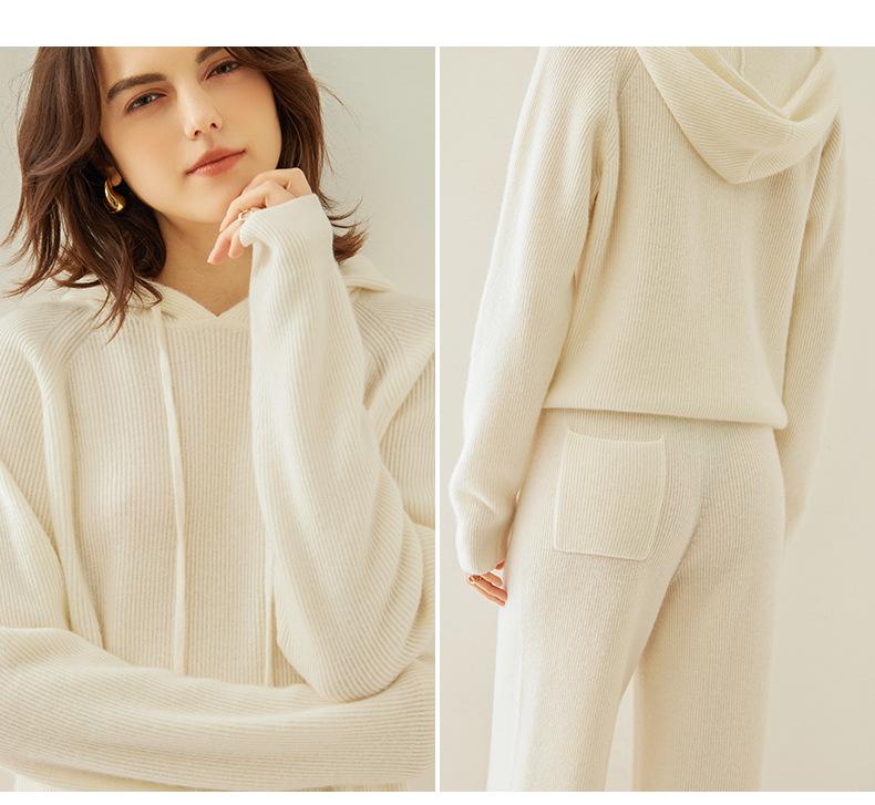 New Women's Cashmere Hoodie & Knitted Wide-Leg Pants Fashion Suit for Autumn/Winter