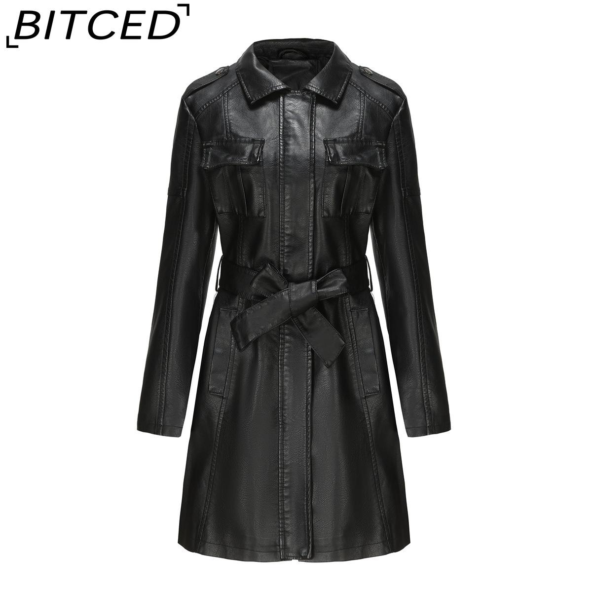

BITCED Women s Mid-Length Leather Coat with Belt Spring/Autumn Long-Sleeved Leather Trench Coat Stylish British-Style Outerwear S чёрный