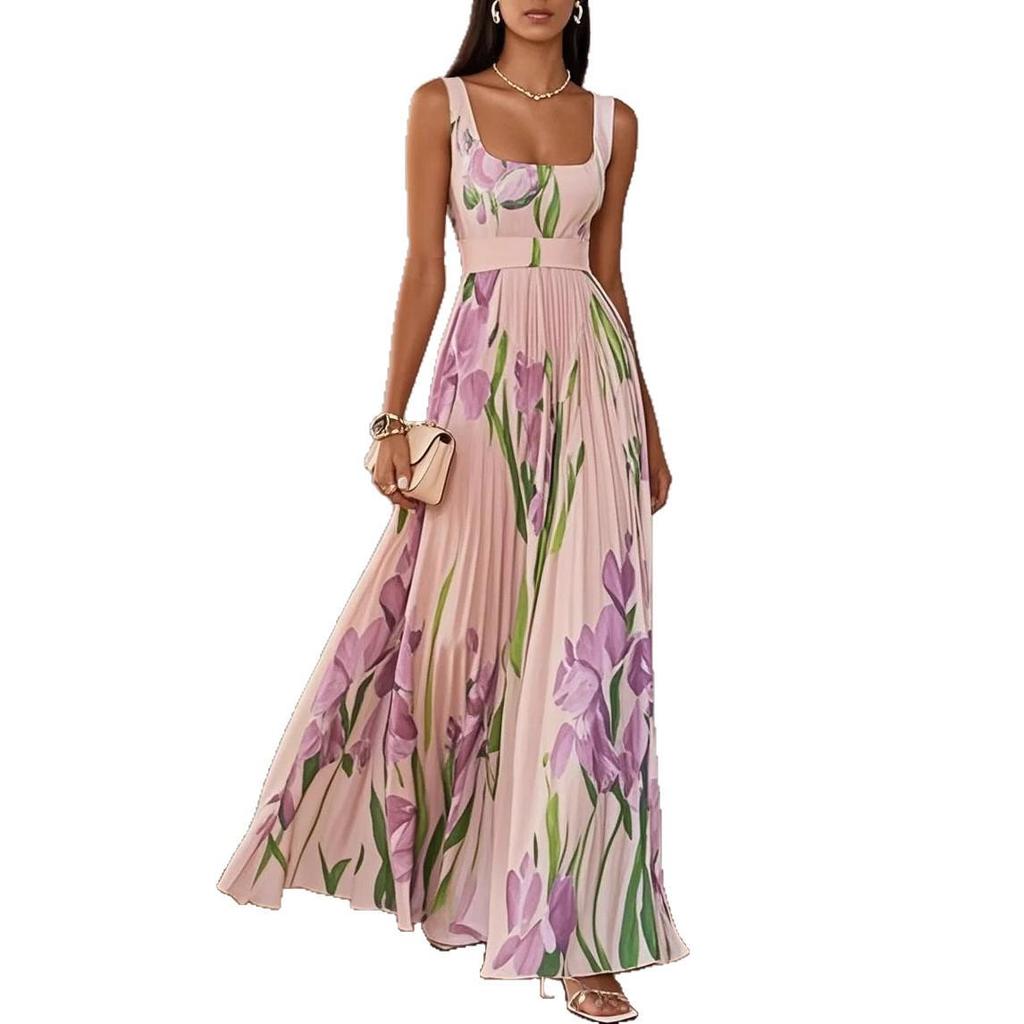 2026 Europäisches und Amerikanisches Damen-Spaghettiträger Digitales Florales Plissee-Langkleid