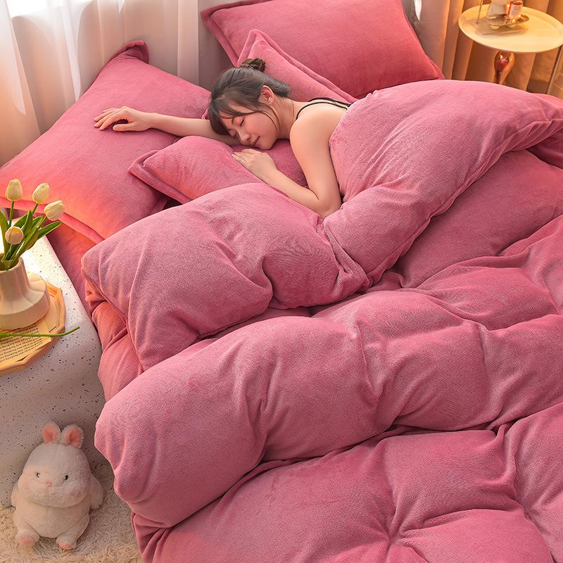 Class A Maternal Infant Grade Milk Fleece 4-Pcs Set, Warm Thickened Coral Fleece Fleece Bed Sheet, Bed Hat, Quilt Cover 3-Pcs Set