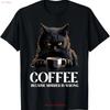 NEW LIMITED Vintage Black Cat Drinking Coffee Because Murder Is Wrong T Shirt Vintage Washed Slightly Homme Versatile Stylish