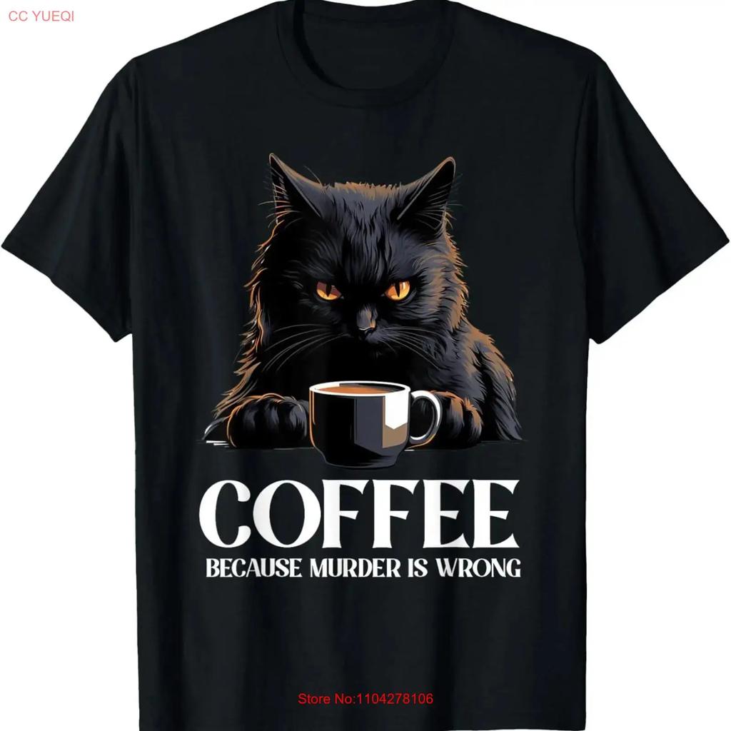 NEW LIMITED Vintage Black Cat Drinking Coffee Because Murder Is Wrong T Shirt Vintage Washed Slightly Homme Versatile Stylish