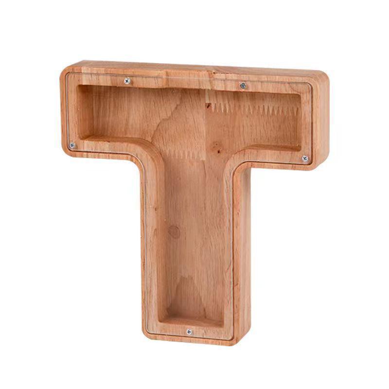 Drewniana Kreskówkowa Skarbonka z Literkami - Przezroczysty Pojemnik na Monety Ozdoba Prezent