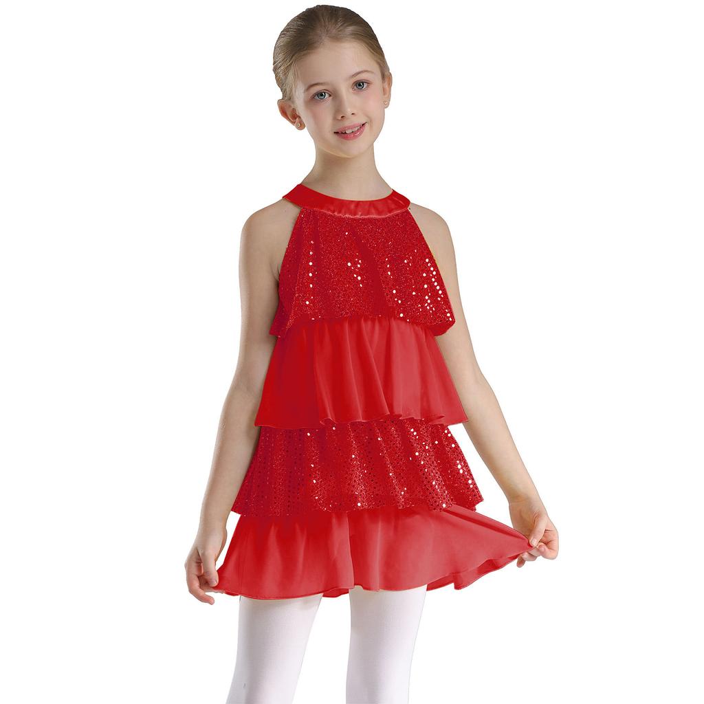 Gestuftes Rüschen-Mädchen-Tanzkleid Glänzende Pailletten Patchwork A-Linie Ärmellos Aufführungskostüm
