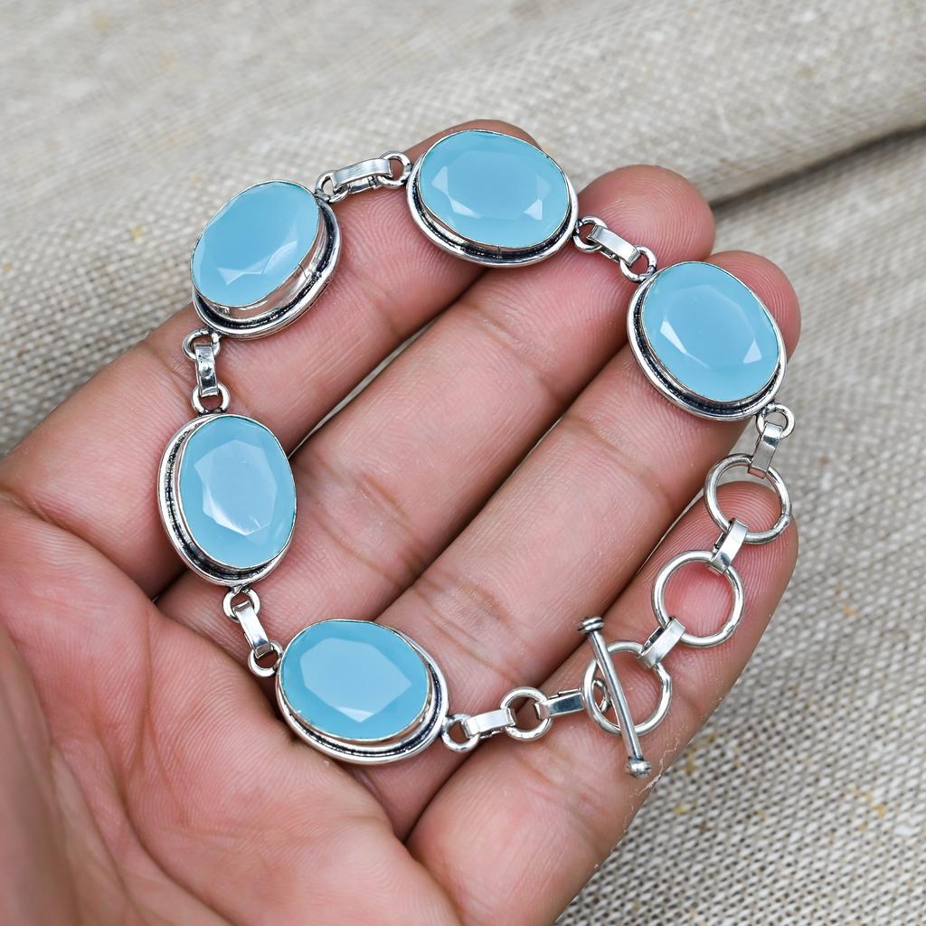 Blue Chalcedony Bracelet 925 Sterling Silver Handmade Lab-Created Jewelry For Anniversary Gift