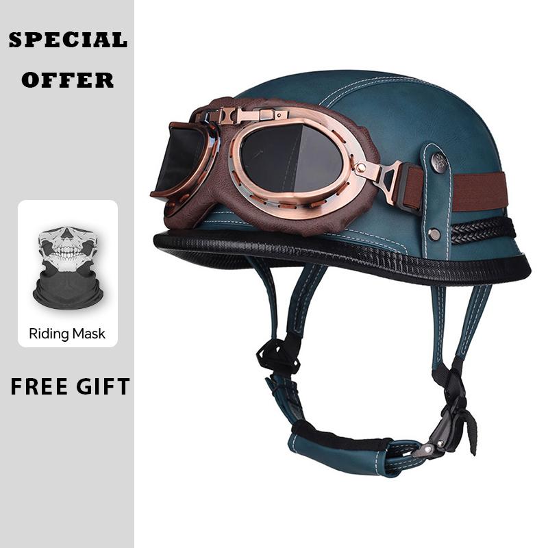 Classic Retro Leather Half Face Moto Helmets DOT Approved Low Profile Open Half Helmets Motorcycle Scooter Cruiser Four Seasons