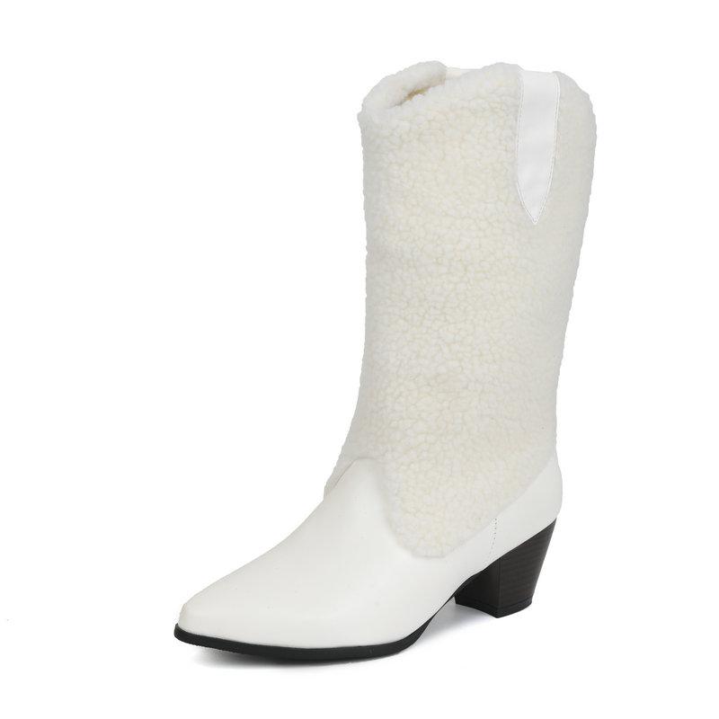 

Cowboy Fluffy Western Boots Women s Winter Mid Calf Boots Fleecy Black Whiter Brown Warm Shoes Chunky Med Heels Footwear 4.5 белый