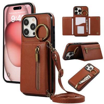 Crossbody Ring Kaarthouder Ritsportemonnee Telefoonhoesje Voor iPhone 16 15 Pro Max 14 Plus 13 12 11 XS XR 7 8 SE Lederen Hoes