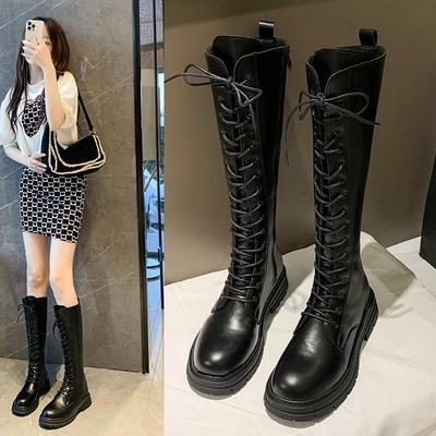 Women  Boots Autumn 2024 Female High Platform Gothic Shoes Black Leather Boots Lace Up Women Knee High Boots