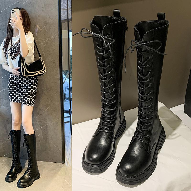Women Boots Autumn 2024 Female High Platform Gothic Shoes Black Leather Boots Lace Up Women Knee High Boots