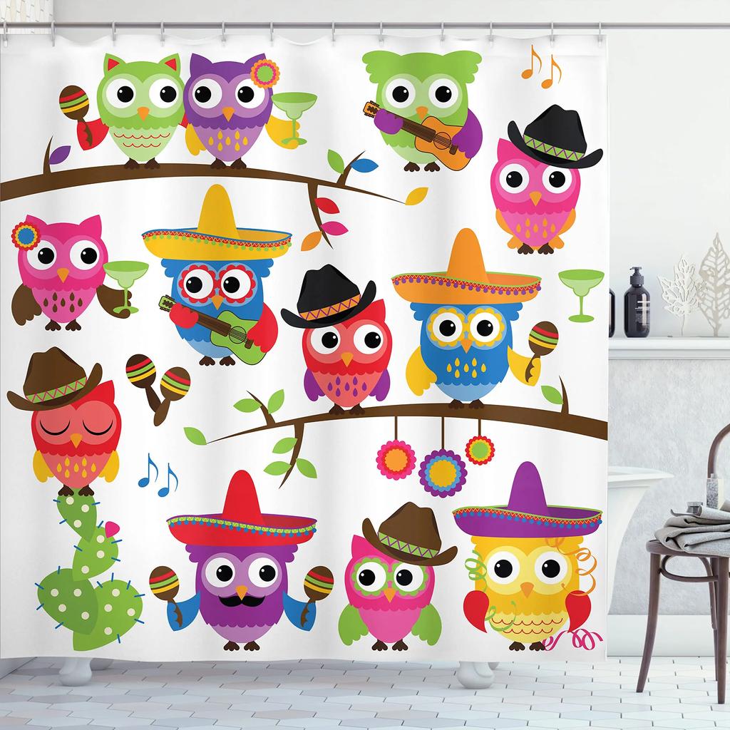 Rideau de douche Hibou Lunaire Forêt Enchantée Oiseau Fleur Papillon Fantaisie Fée Arbre Lanternes Ciel Nocturne Décoration Salle de Bain Ensembles