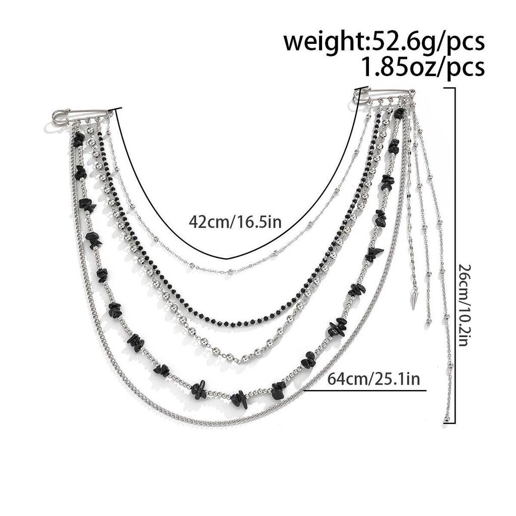 Salircon Creative Unique Black Stone Crystal Beads Long Brooches Women Classic Tassel Chain Shirt Suit Collar Pin Clip Jewelry