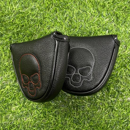 Golf Mallet Putter Cover Magnetic Closure Faux Leather Club Headcover with Skull Pattern for Woods Driver Fairway Hybrid