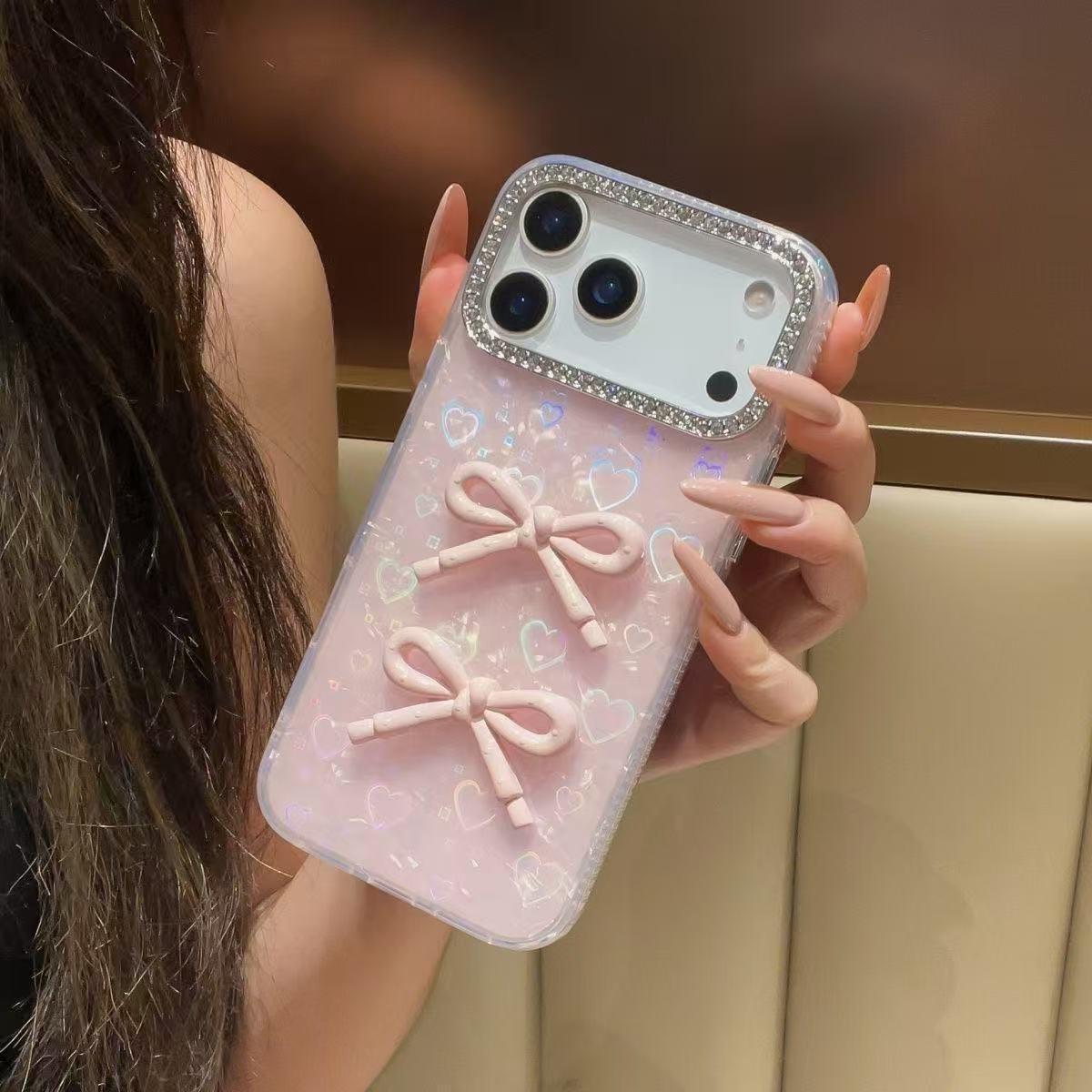 Heart Shell Polka Dot Phone Case with Bow for Apple 17 Pro Max, 16, iPhone 12/11 iPhone 14