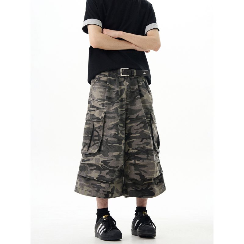 Kisko American Retro Washed Distressed Camouflage Wide-Leg Denim Shorts for Men and Women, New Loose Straight-Leg Cropped Pants