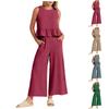 Damen-Sommer-2-teiliges Set, ärmelloses Rüschen-Tanktop, kurzes Oberteil und Hose mit weitem Bein, Lounge-Set mit Taschen