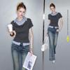UNIFREE College Style Faux Two-Piece T-Shirt