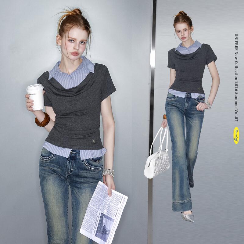 UNIFREE College Style Faux Two-Piece T-Shirt