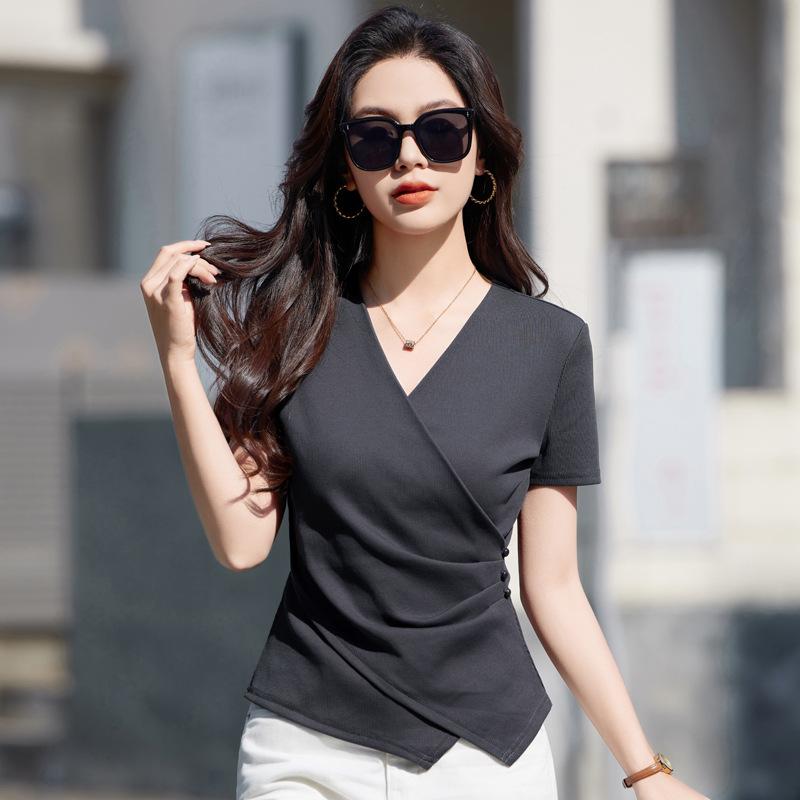 Summer Women's V-neck Slim Stretch Hundred Casual Irregular Hem Short Sleeve T-Shirt