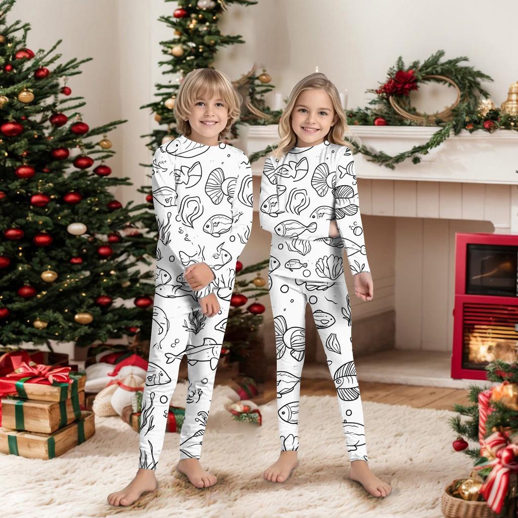 Hand-painted Parent-child Outfit- Print Round Neck Parent-child Long Sleeve Long Pants Home Clothes Suit