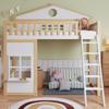 [N622D161516W] Cama Bunk (Beliche), com Escada, com Proteção contra Queda e Grade de Proteção, Cama Infantil com Teto e Janela, Pinho+MDF, Branco+Natural, 90x200cm