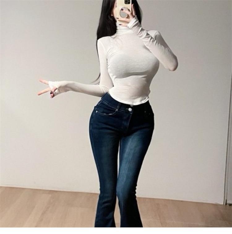 Elegant Slim Fit See-Through High Neck Long Sleeve T-Shirt