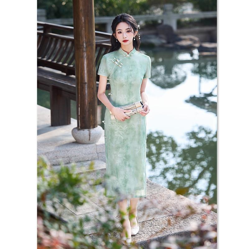 Retro national style young Swiss net long short-sleeved cheongsam spring new improved new Chinese daily cheongsam
