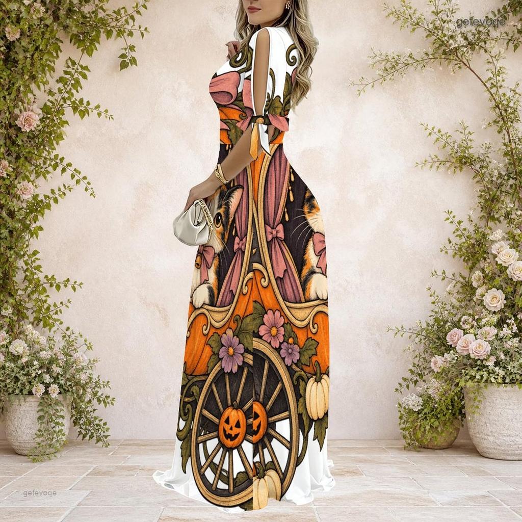 Women Plus Size V Neck Cold Shoulder Short Sleeve Halloween Pumpkin Floral Print Long Dress
