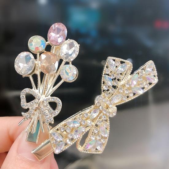 Women Hairpin Bow Shape Faux Pearl Rhinestone Faux Crystal Decor Hollow Out Exquisite Anti-slip Sparkling Luxury Hair Decoration Hair Clip