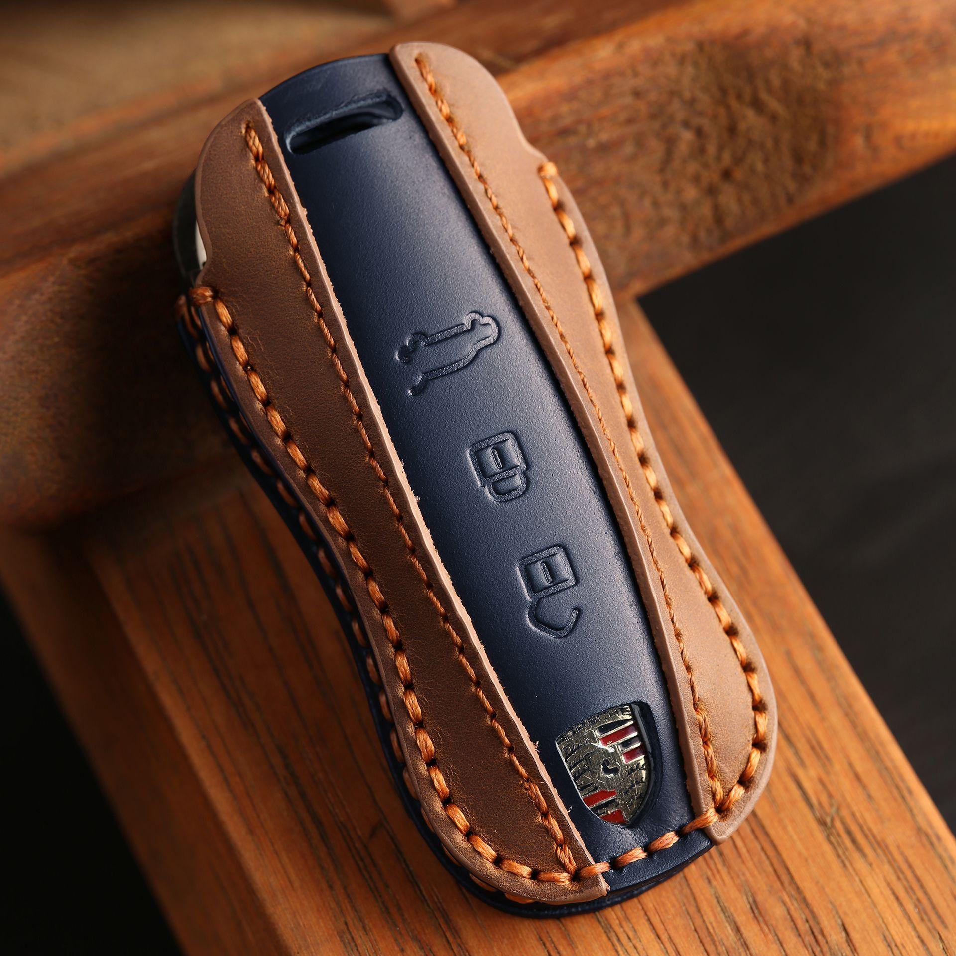 

Кожаный чехол для ключа Porsche на заказ Paramela Macan Cayenne Taycan Держатель для ключа синий